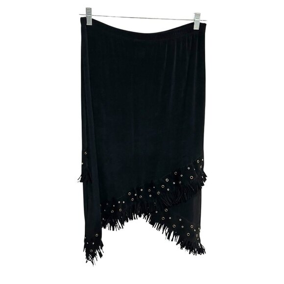 Slinky Brand Black Fringe Asymmetrical Skirt With Grommet Detail L - Picture 2 of 9